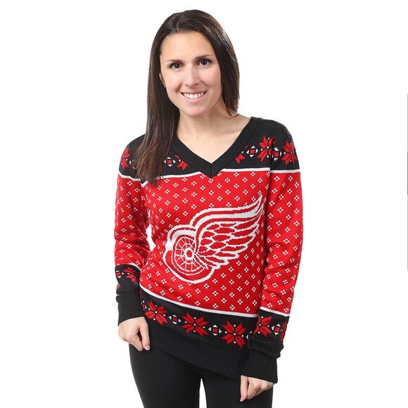 Foco Sweaters - Detroit Red Wings Big Logo Women's V-Neck Ugly Sweater by Forever Collectibles